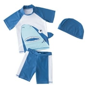 Kids Boys Chic Cartoon Animals Printed Rash Guard with Hat 3pcs Swimsuit Pool Party Swimwear Beach Bathing Suit (Blue Shark, 4)